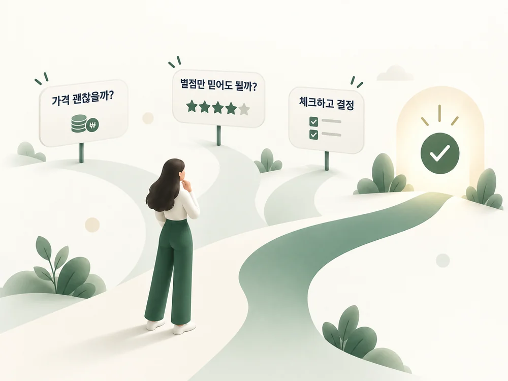 가격과 별점 같은 신호 앞에서 여러 갈림길을 비교하고 체크 기준을 따라 더 나은 선택으로 향하는 모습