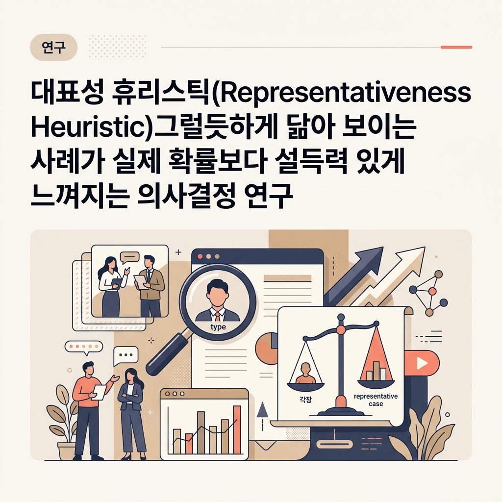 그럴듯하게 닮은 인상만으로 판단하지 않고 기초율과 표본크기를 함께 보는 대표성 휴리스틱을 표현한 대표 이미지