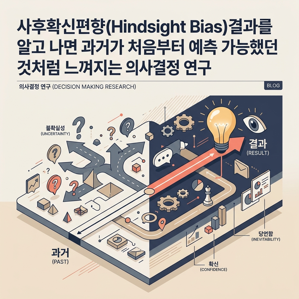결과를 알고 난 뒤 처음부터 예측할 수 있었다고 느끼는 사후확신편향을 표현한 대표 이미지