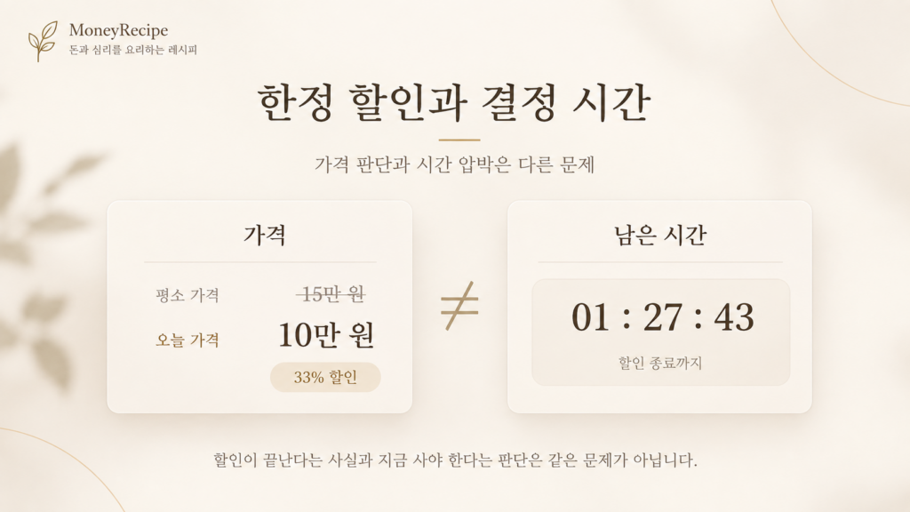 남은 시간이 줄어드는 한정 할인에서 가격과 구매 결정 시간을 따로 판단하는 모습을 표현한 이미지