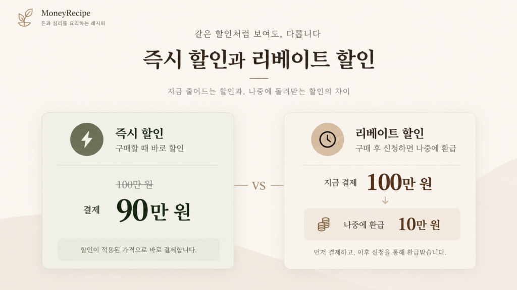 구매 즉시 할인과 구매 후 신청해야 받는 리베이트 할인의 차이를 보여주는 미니멀 이미지
