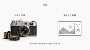 세계 최초로 디지털 카메라를 만든 코닥이 디지털 시대를 놓친 이유를 들어 머니 레시피에서 앞서 설명한 현상 유지 편향을 설명하기 위한 이미지입니다.