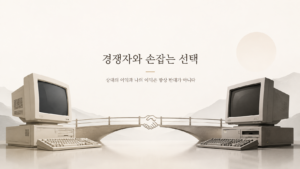 경쟁자와 협력하는 선택을 상징하는 두 대의 레트로 컴퓨터와 악수 장면