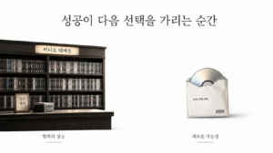 현상유지 편향을 상징적으로 보여주는 비디오 대여점과 우편 DVD의 대비 이미지